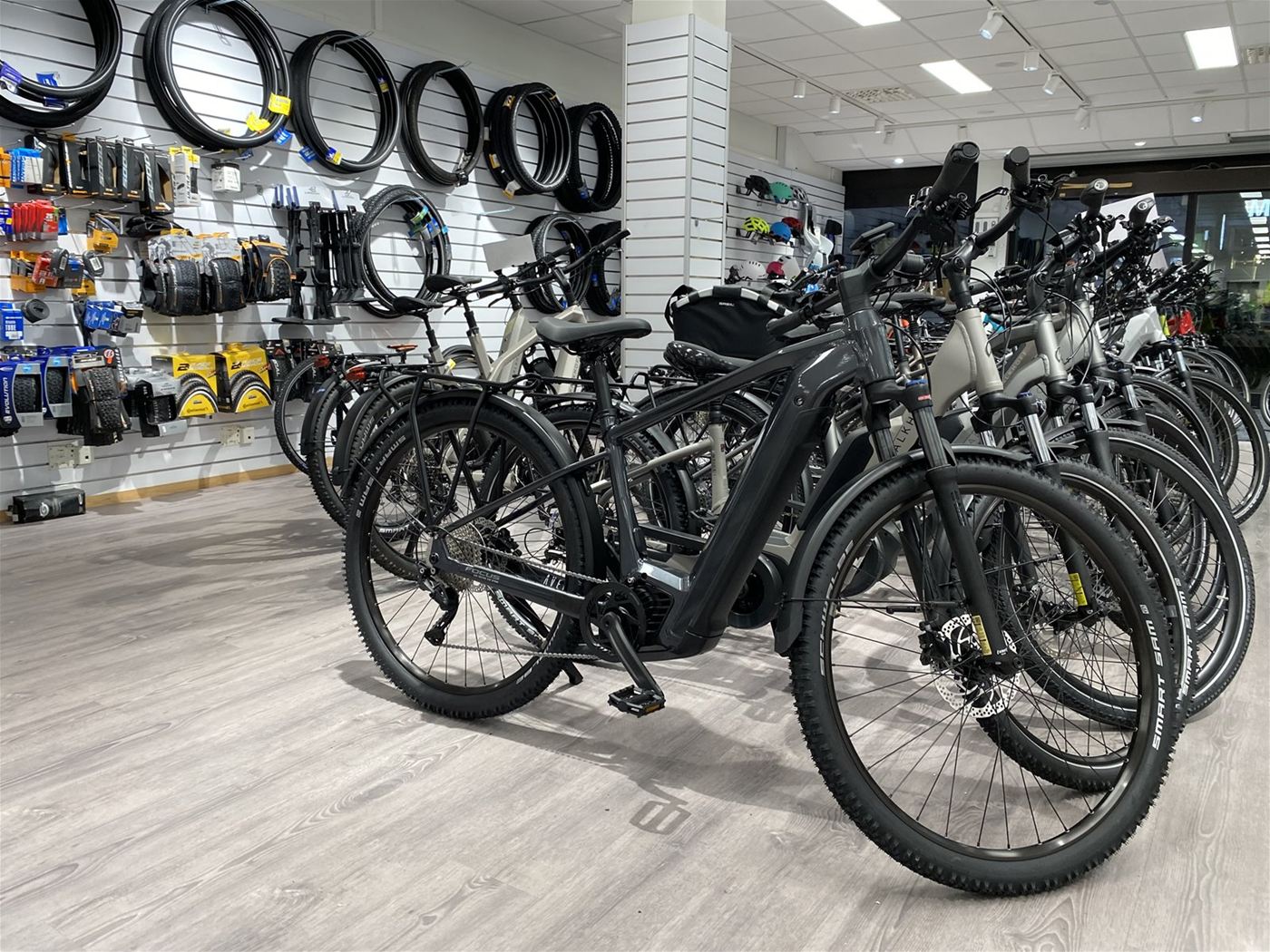 Rad med elsykler i butikken, med en mørkegrå Focus-elsykkel fremst